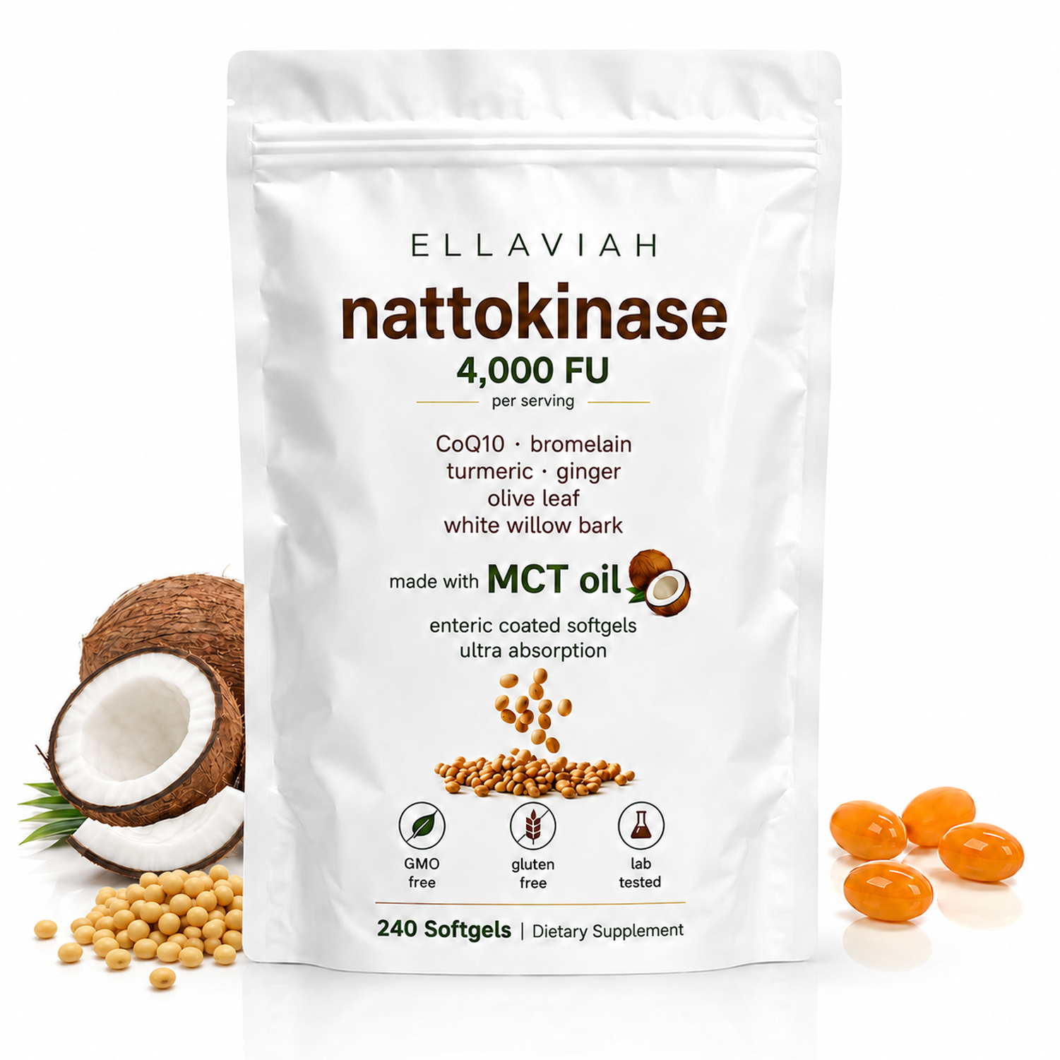 Nattokinase 4,000 FU with CoQ10, Turmeric, Ginger, Olive Leaf & Bromelain, MCT Oil Softgels, Gluten Free, Lab Tested, Daily Supplement for Adults, 240 Softgels