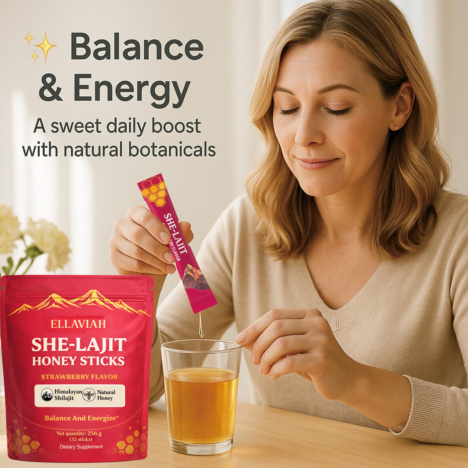 She-Lajit Strawberry Honey Sticks with Shilajit, Shatavari & Saffron, 32 Sticks