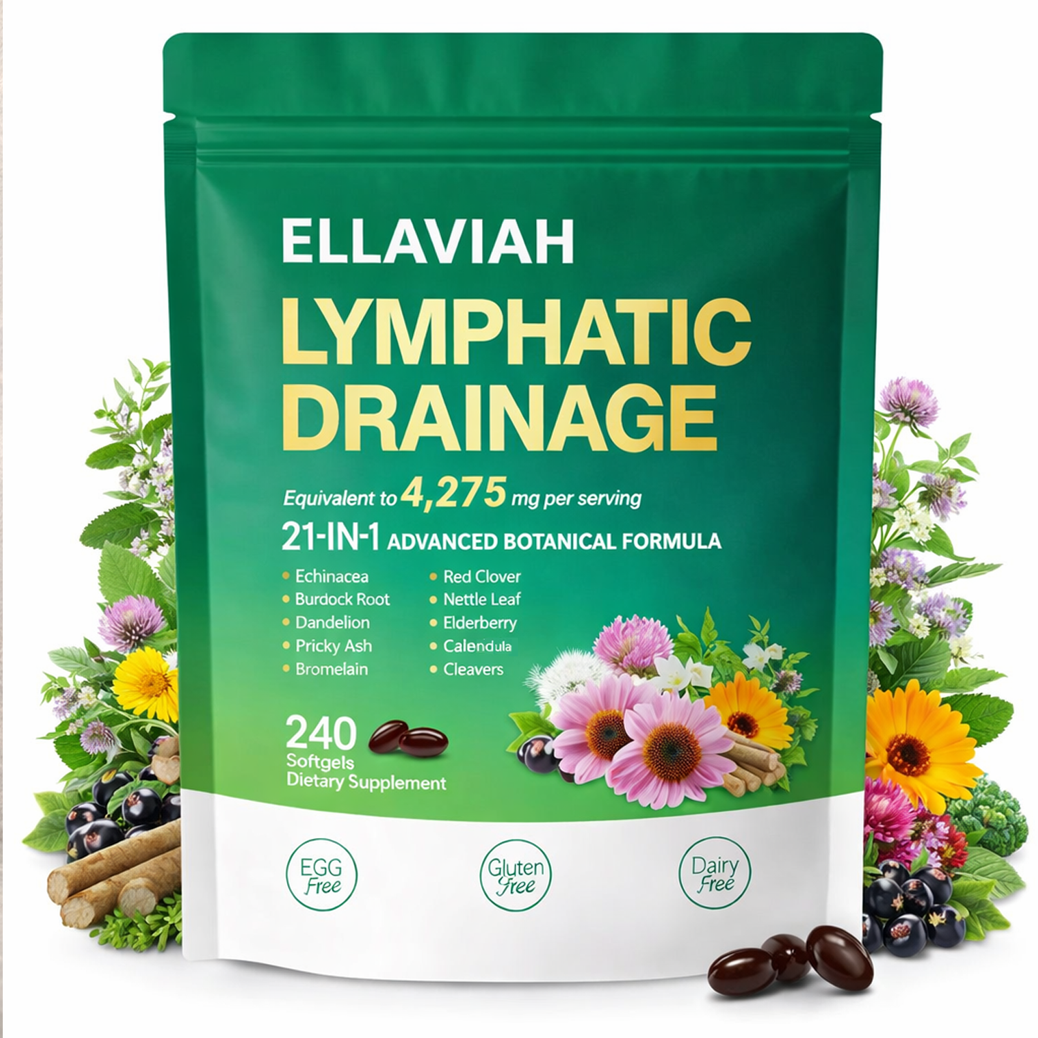 Lymphatic Drainage Softgels, 21-in-1 Botanical Herbal Blend with Echinacea, Dandelion, Burdock Root, Red Clover & Elderberry, 240 Softgels, 80 Servings