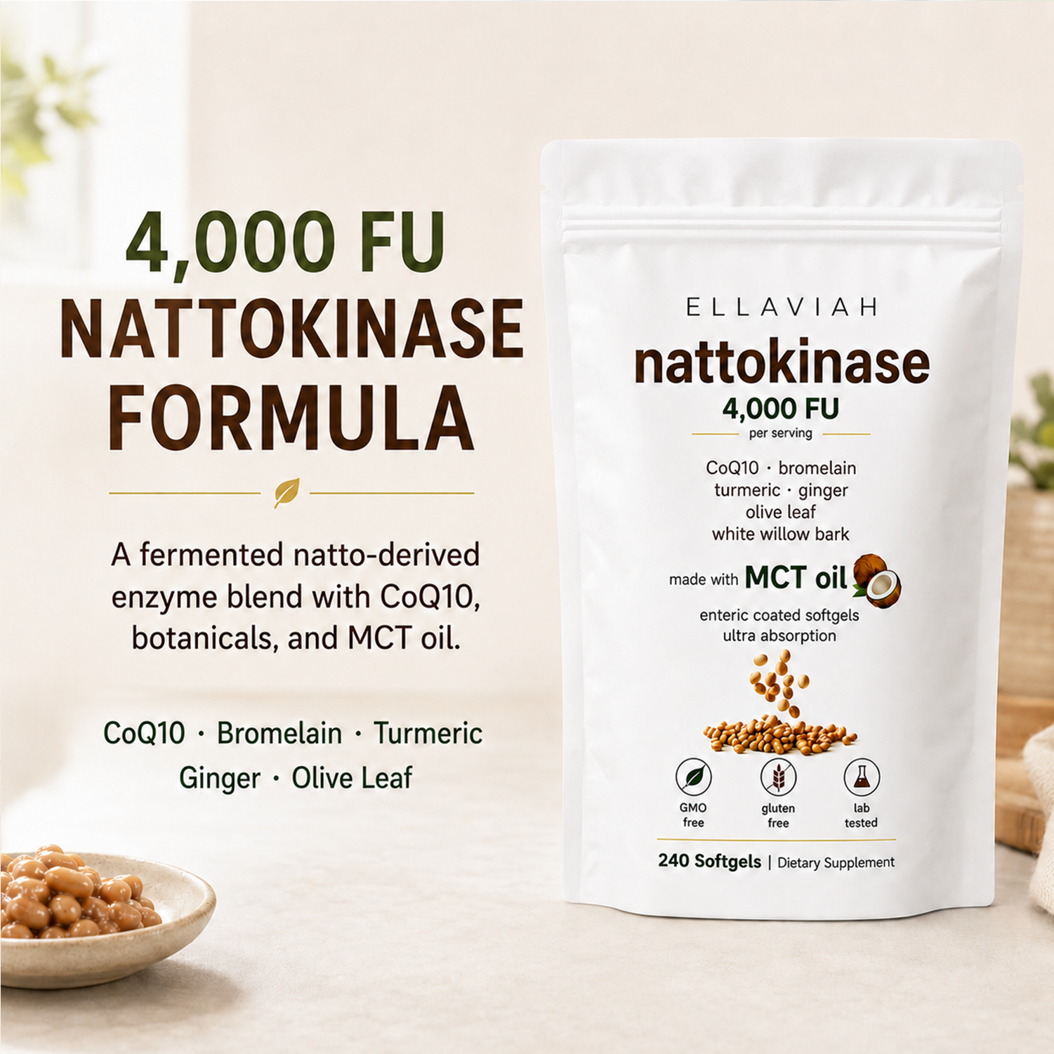 Nattokinase 4,000 FU with CoQ10, Turmeric, Ginger, Olive Leaf & Bromelain, MCT Oil Softgels, Gluten Free, Lab Tested, Daily Supplement for Adults, 240 Softgels