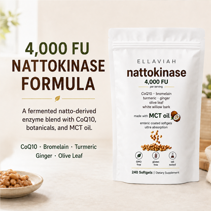 Nattokinase 4,000 FU with CoQ10, Turmeric, Ginger, Olive Leaf & Bromelain, MCT Oil Softgels, Gluten Free, Lab Tested, Daily Supplement for Adults, 240 Softgels