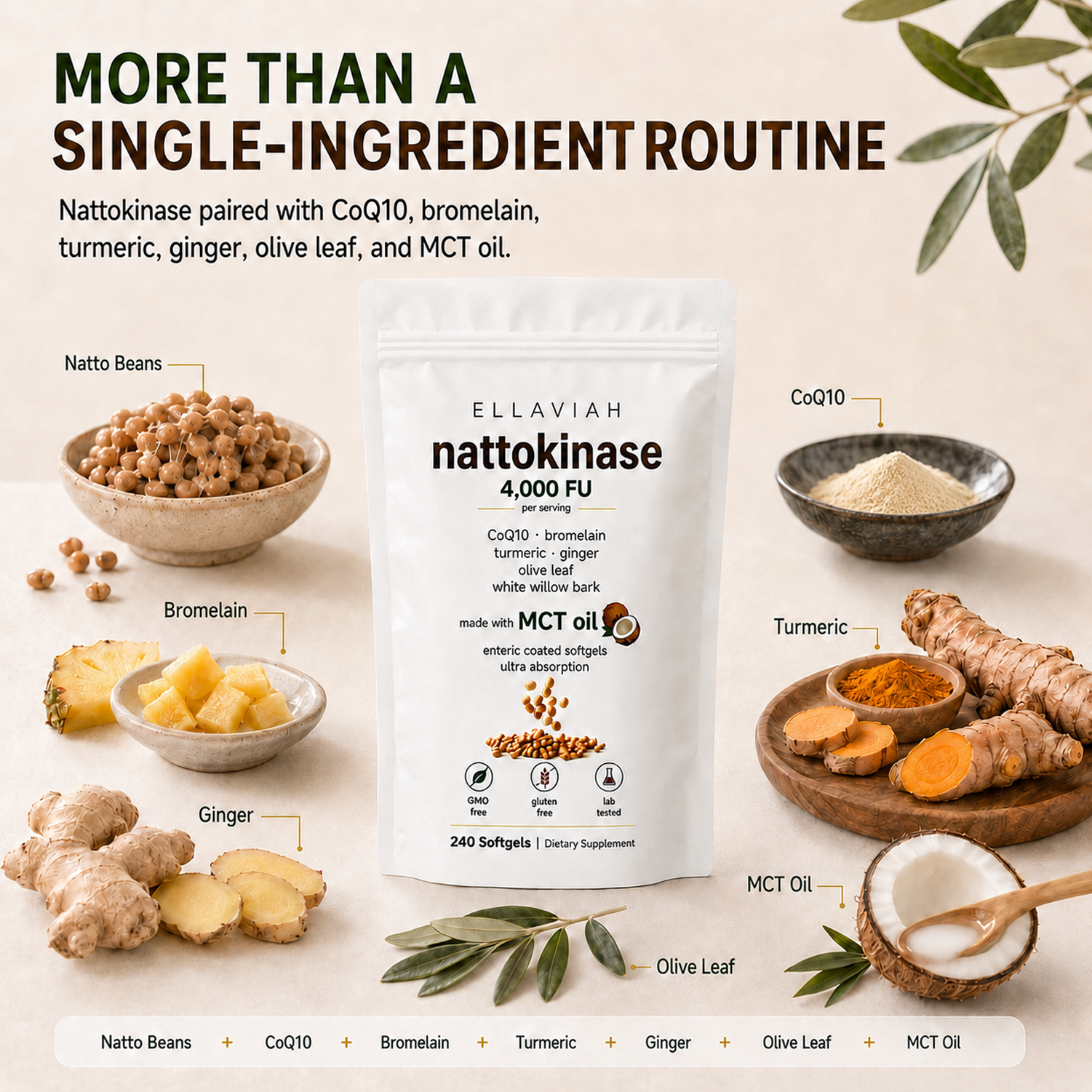 Nattokinase 4,000 FU with CoQ10, Turmeric, Ginger, Olive Leaf & Bromelain, MCT Oil Softgels, Gluten Free, Lab Tested, Daily Supplement for Adults, 240 Softgels