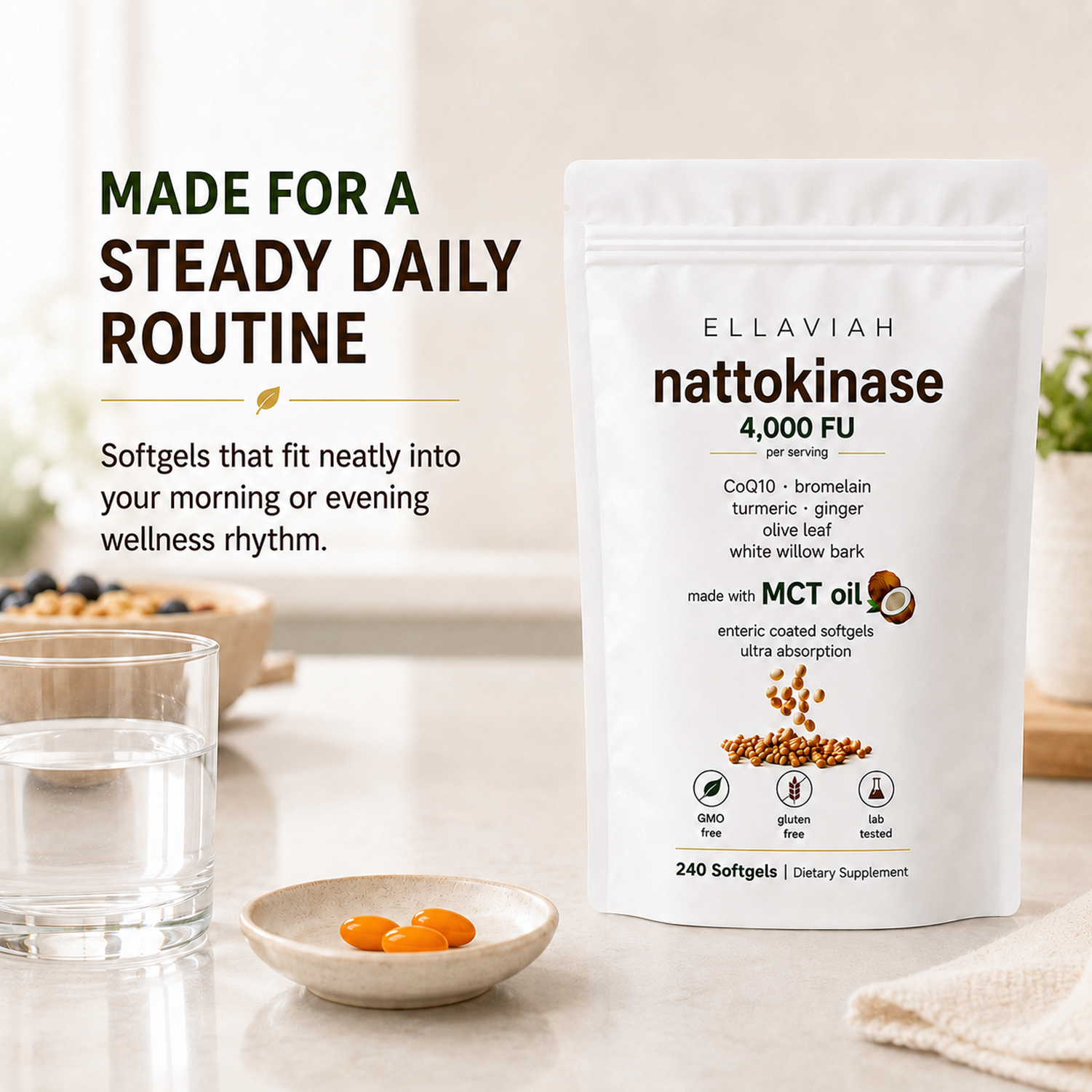 Nattokinase 4,000 FU with CoQ10, Turmeric, Ginger, Olive Leaf & Bromelain, MCT Oil Softgels, Gluten Free, Lab Tested, Daily Supplement for Adults, 240 Softgels