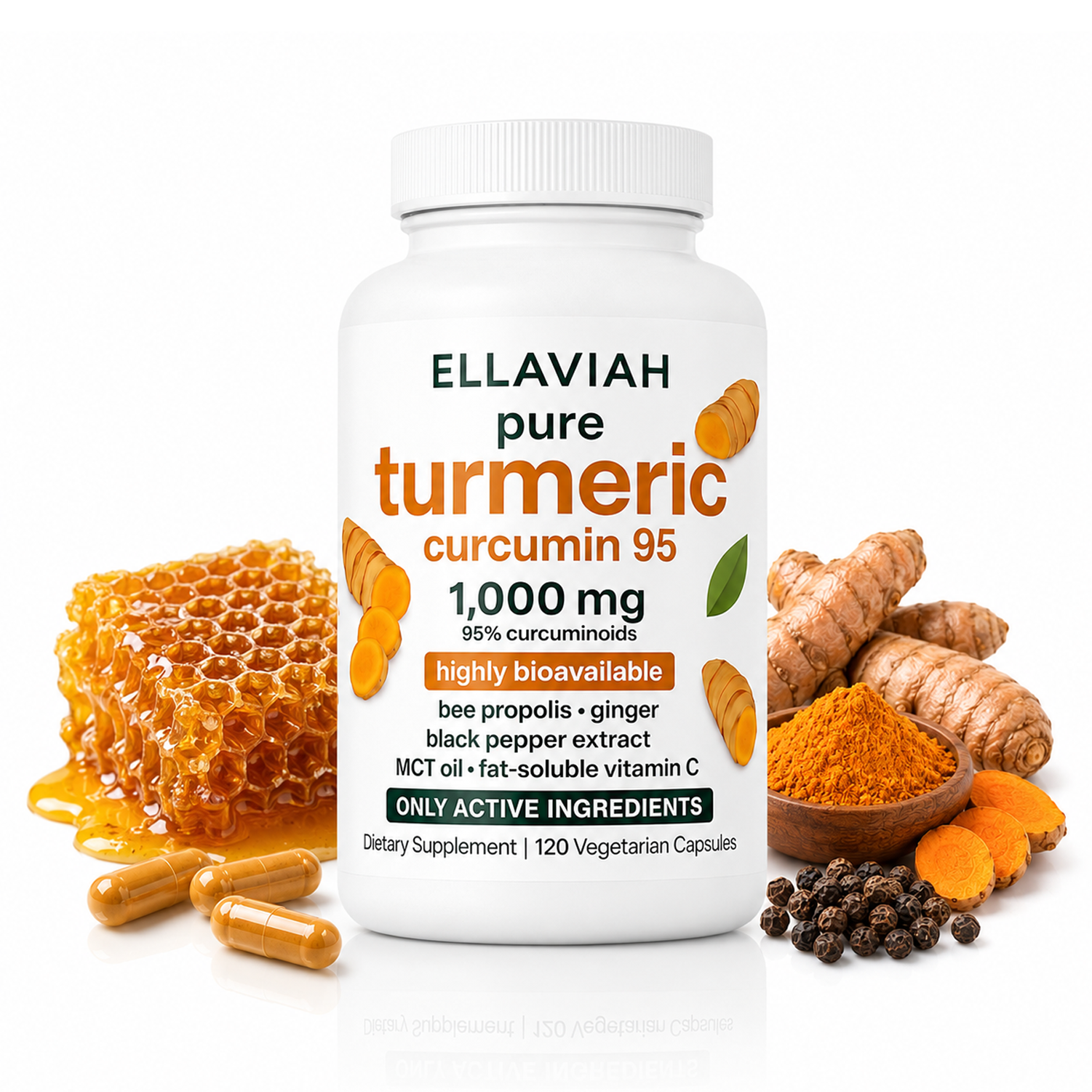 Pure Turmeric Curcumin 95 – 1,000mg 95% Curcuminoids with Bee Propolis, Ginger, Vitamin C & Black Pepper – High Bioavailability – 120 Vegetarian Capsules